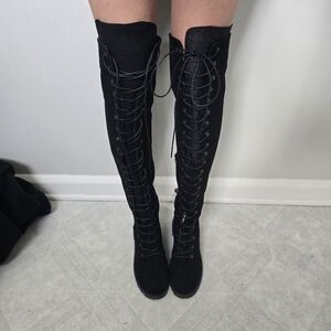 Thigh High Boots 7.5 Black Suede Combat Lace up Grunge